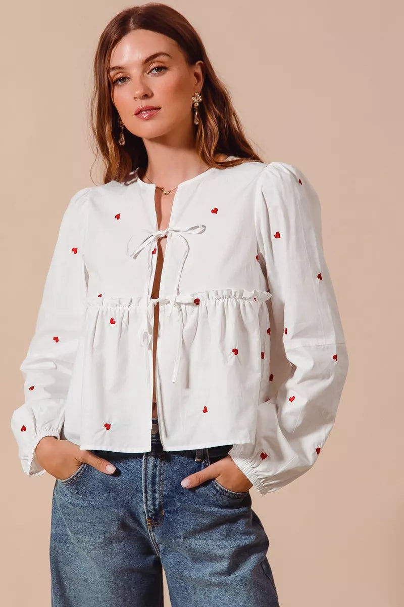 00c8dc0f2e2f4e29b778bd53ef01dd63-Max-Origin SO ME Front Tie Heart Embroidered Blouse With Puff Sleeve - Image 1