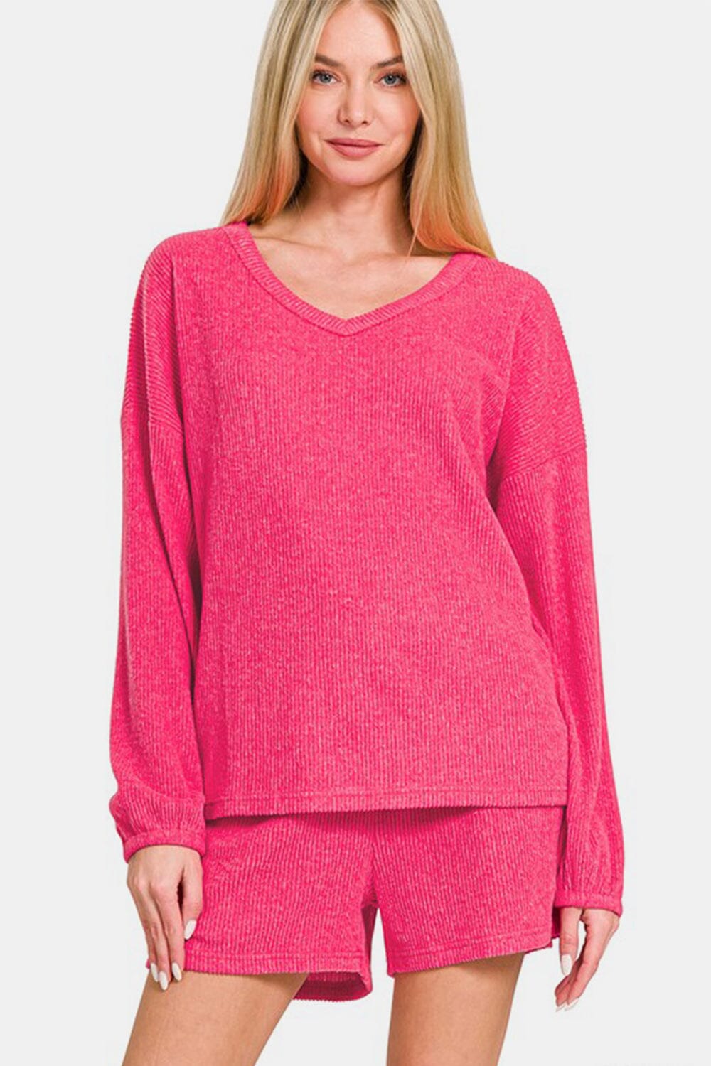 0160e25f-7aa2-4bdc-b98f-e7e9913ba3ba-Max Zenana V-Neck Long Sleeve Ribbed Top and Shorts Set - Image 1
