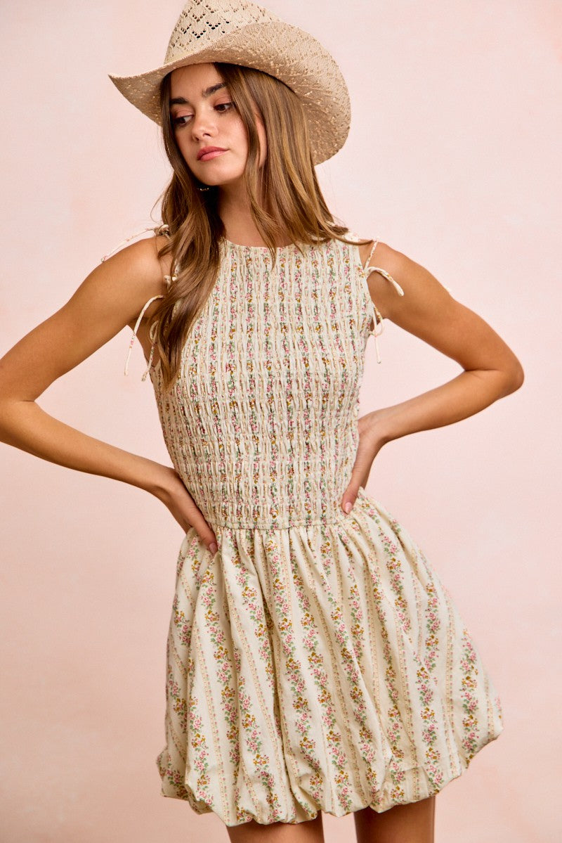 02525872f368435f8b1a42f213e4adc2-Max BiBi Floral Bow Tie Attachable Puff Sleeves Dress - Image 1