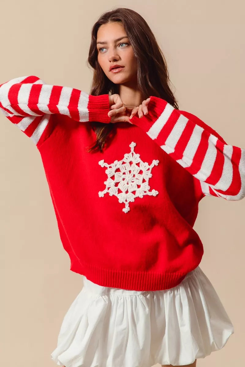 08ad6f1d2dda4a6c822ffe835f1a7d40-Max-Origin SO ME Christmas Snowflake Crochet Embellished Sweater - Image 1