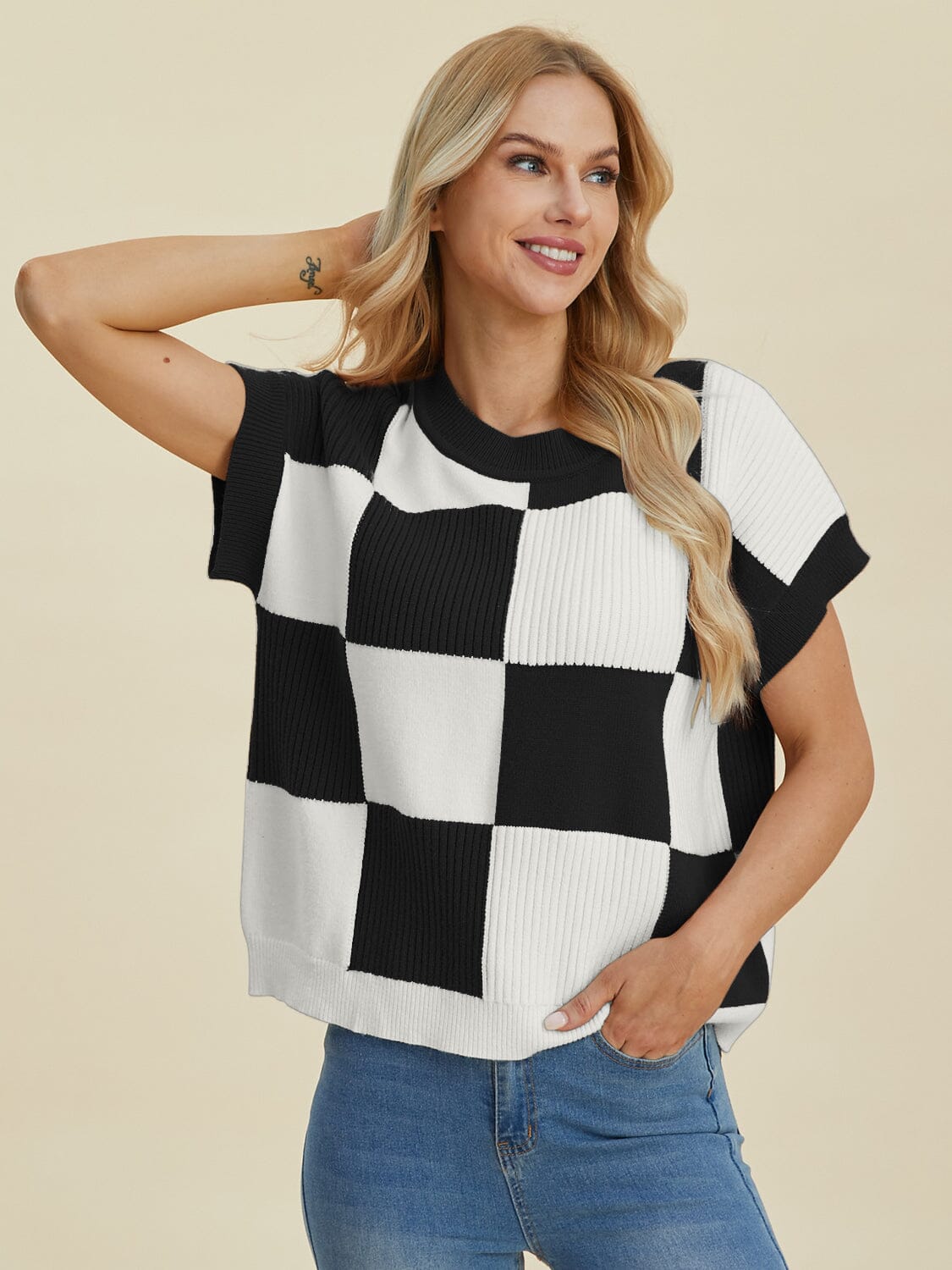 0e849900-3821-4883-a4df-b1d0102ceabc-Max Double Take Full Size Checkered Round Neck Short Sleeve Sweater - Image 1