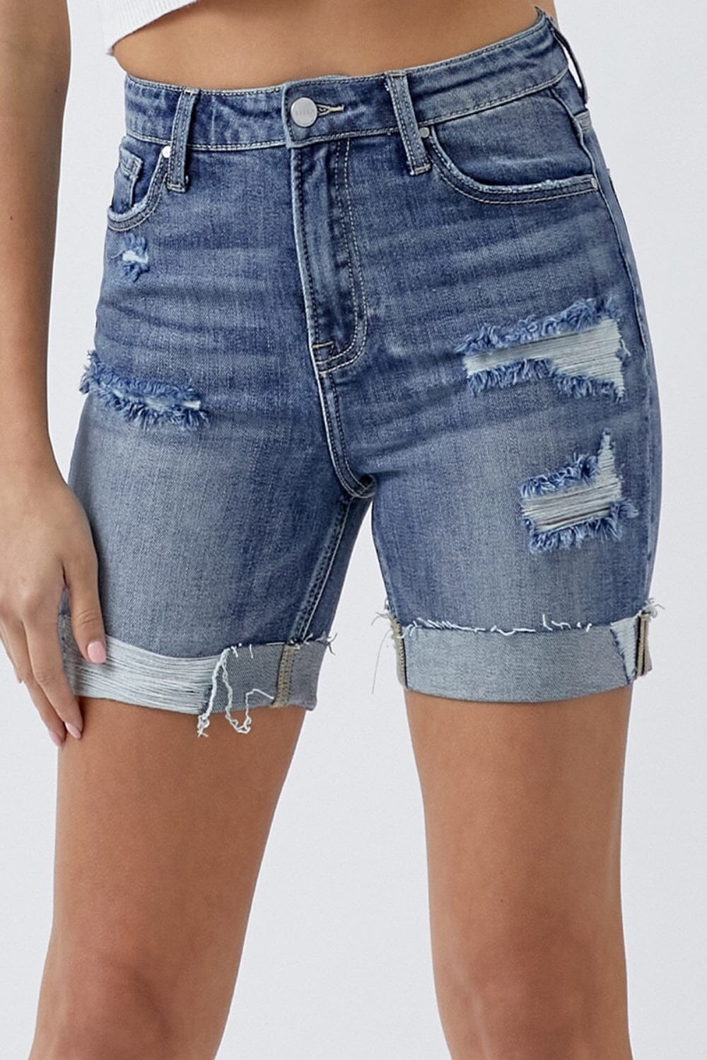 1b5b95c5-3e08-4583-987f-be4bf597d41a-Max RISEN Full Size Distressed Rolled Denim Shorts with Pockets - Image 1