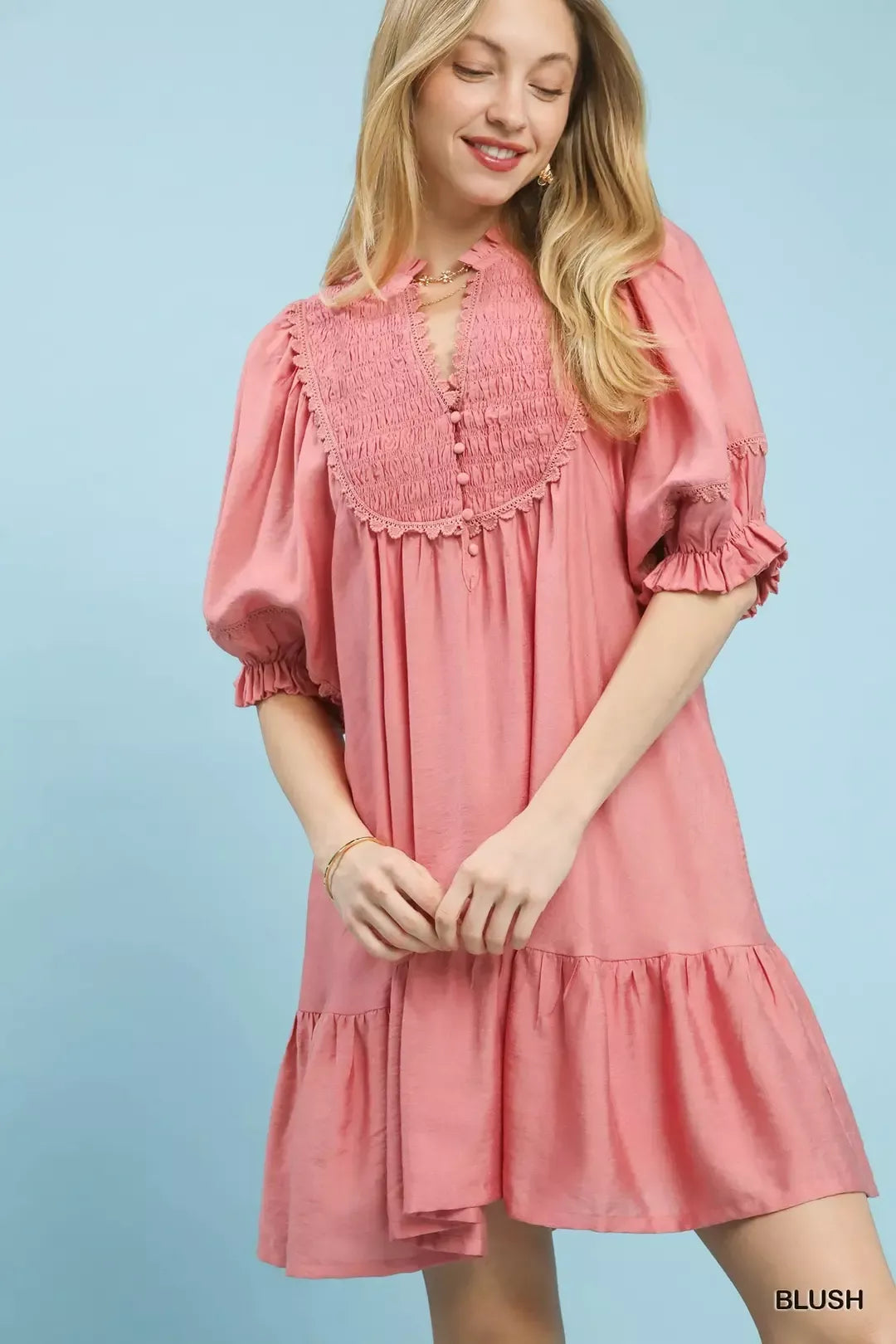 247f1be9-fca6-45da-a1dd-2b94f88c9a5c-Max-Origin Umgee Smocked Bib Ruffle Hem Babydoll Dress - Image 1
