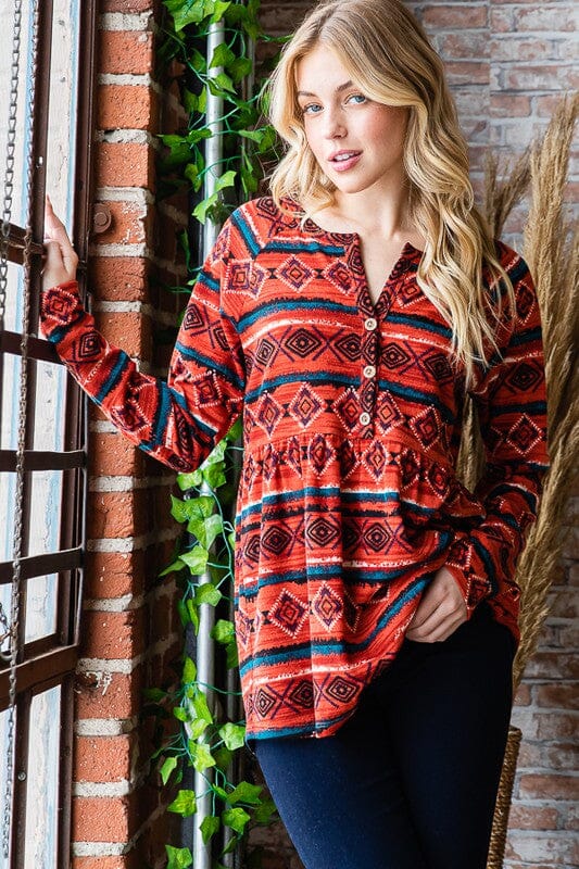 299e4296-6ae5-4ada-bd2f-4345f4fe427e-Max Heimish Full Size Geometric Button Detail Long Sleeve Babydoll Top - Image 1