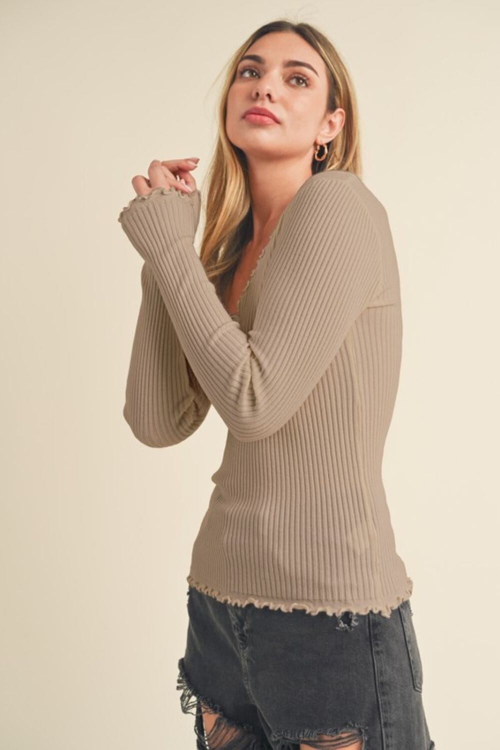 2f7e9b9a-d777-42a1-a9dd-378b8c7922e6-Max Aemi + Co Lettuce Hem Scoop Neck Long Sleeve Knit Top - Image 1