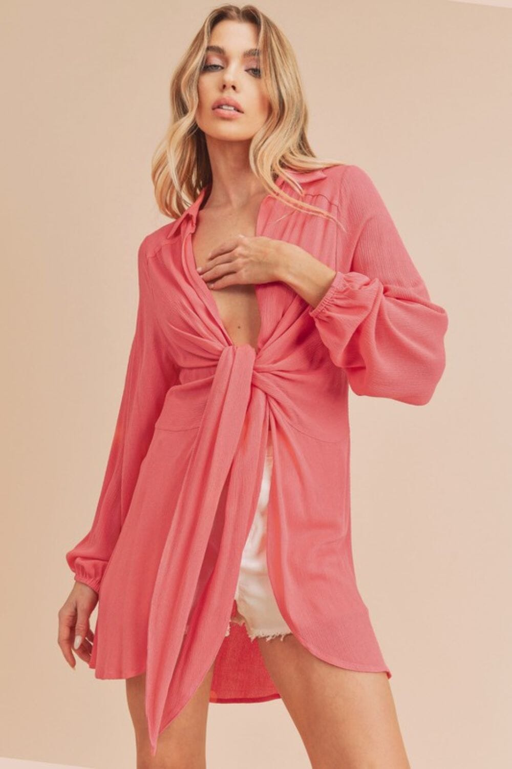 46c16262-deb3-46fb-bac1-d03bcf6c96d8-Max Aemi + Co Tied Collared Neck Long Sleeve Top - Image 1