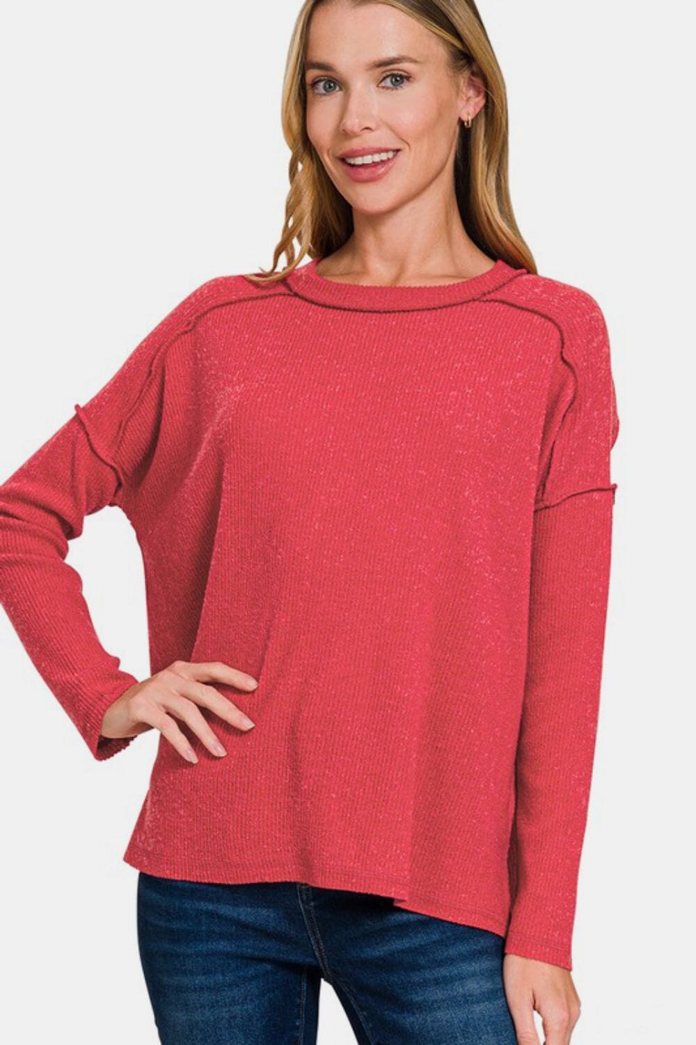 4a6d18ce-ad0a-4147-8415-1b3327893fc9-Max Zenana Full Size Exposed Seam Brushed Round Neck Sweater - Image 1