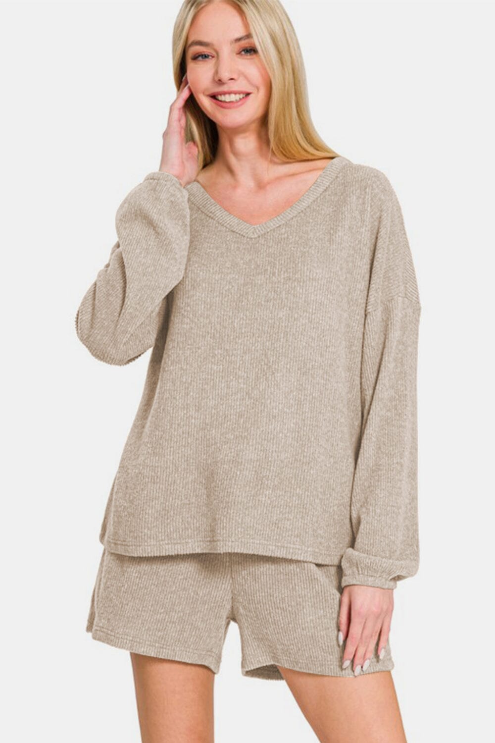 4adf46d6-2b16-4504-ba5b-102913ae0694-Max Zenana V-Neck Long Sleeve Ribbed Top and Shorts Set - Image 1