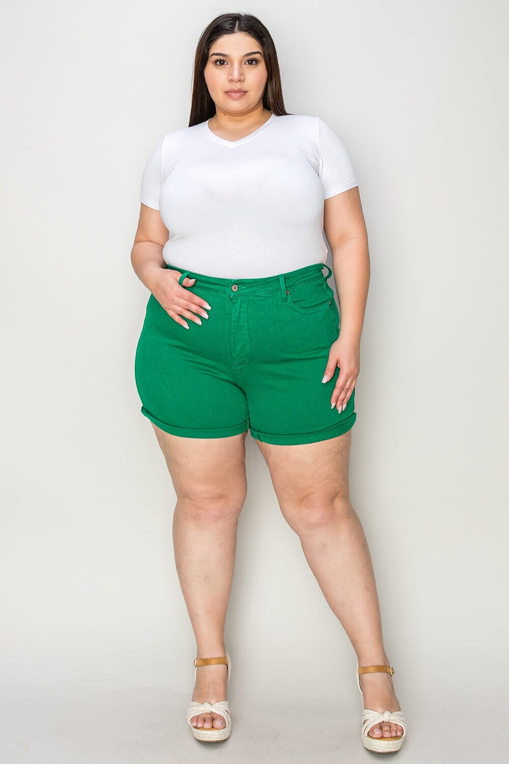 4be2371f-862b-4911-a487-9b43b443c769-Max Judy Blue Full Size Tummy Control Garment Dyed Denim Shorts - Image 1