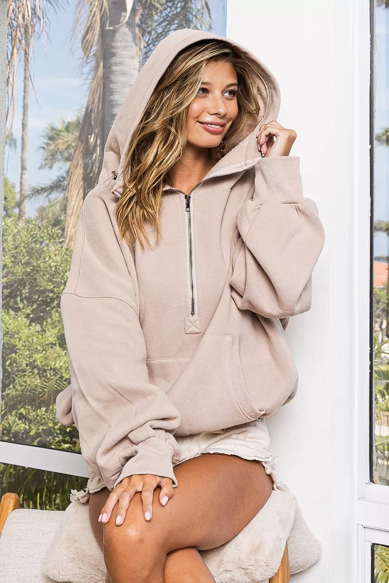 59ea0b89-1859-46ef-8862-bfac3b70eb26-Max-Origin BiBi Stitch Detailed Elastic Hem Half Zip Fleece Hoodie - Image 1