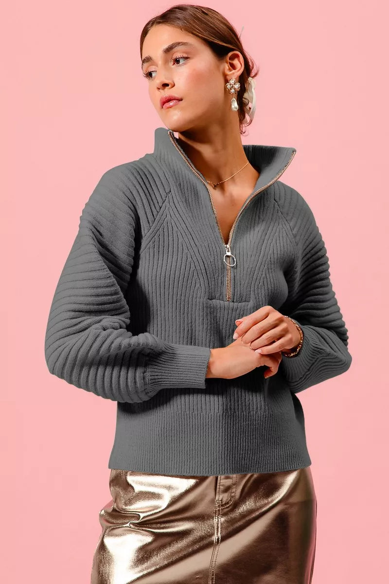 61205125fb584f18800dfa81c007ee2c-Max-Origin SO ME Half Zip Raglan Balloon Sleeves Ribbed Sweater - Image 1