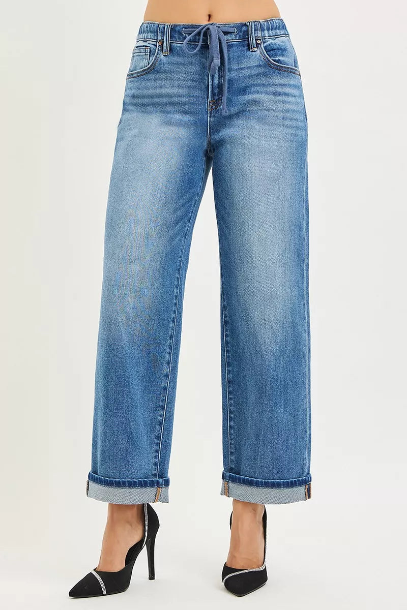 6424004592cb48d5bc3d2fa9b083ea26-Max-Origin RISEN Elastic Band Slouch Ankle Boyfriend Cuffed Hem Jeans - Image 1