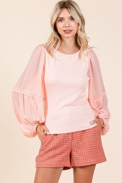 698918bf-8368-4a46-8ae7-43ab3a4ce68a-Min Mittoshop Mixed Media Textured Knit Chiffon Long Sleeve Top - Image 1