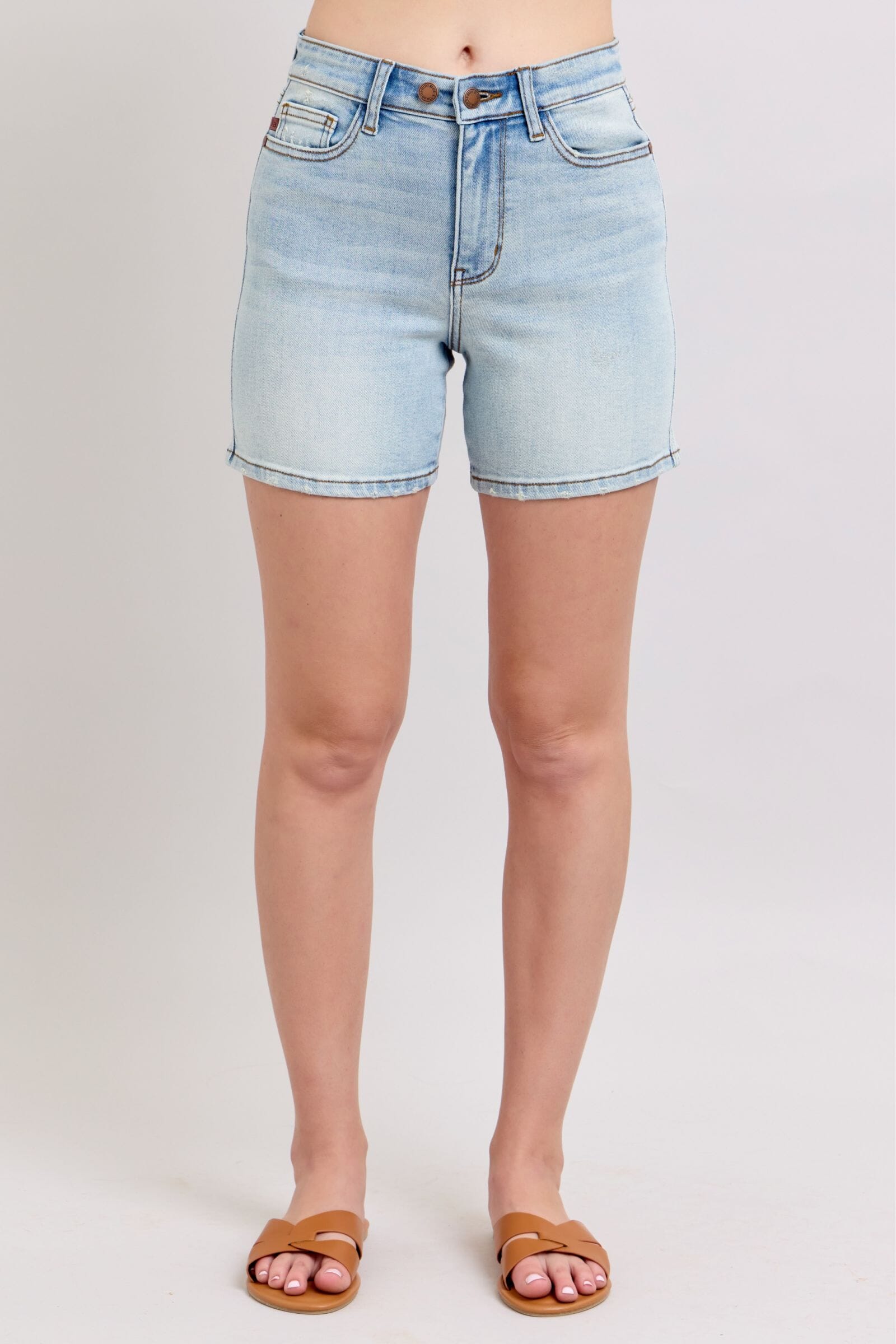 75981986-2611-4a91-92f5-bc430efac386-Max Judy Blue Full Size 2 Button Denim Shorts with Pockets Plus Size - Image 1