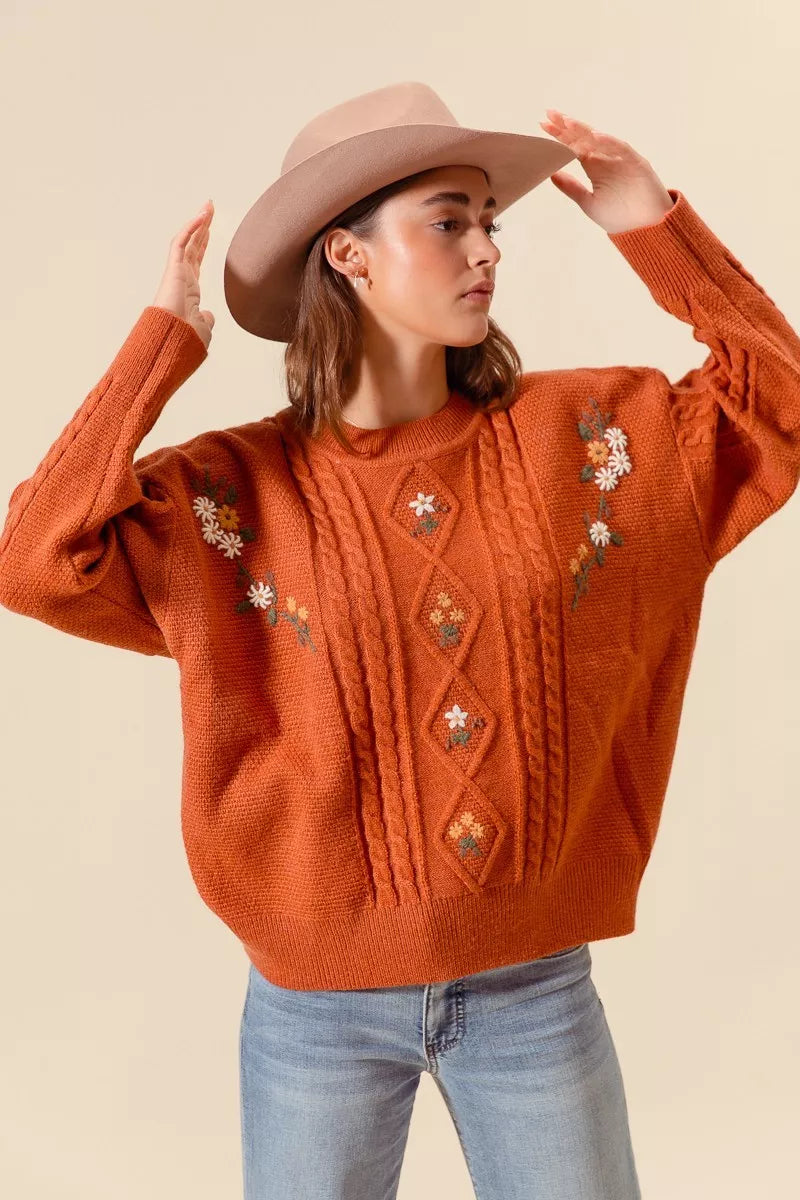 77e91a97e5e54edcafe9723a358f8208-Max-Origin SO ME Embroidered Flower Cable Knitted Sweater - Image 1