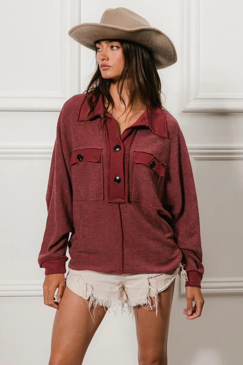 7dcf0b547dda43a69db4e77cd60033b0-Max-Origin BiBi Cp French Terry Cut Edge Detail Collared Top - Image 1