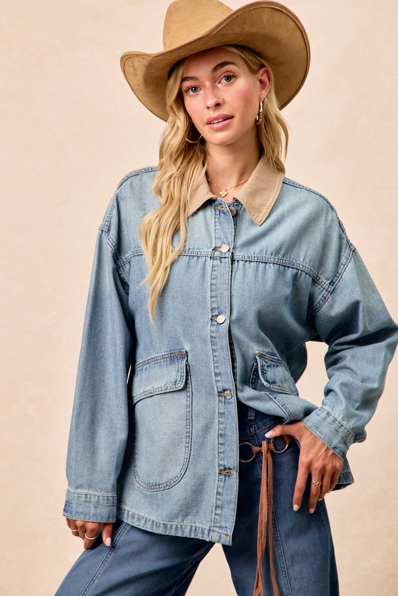 7fb13afa386849a78abf991e361f560e-Max BiBi Washed Denim Jacket with Contrast Collar Detail - Image 1
