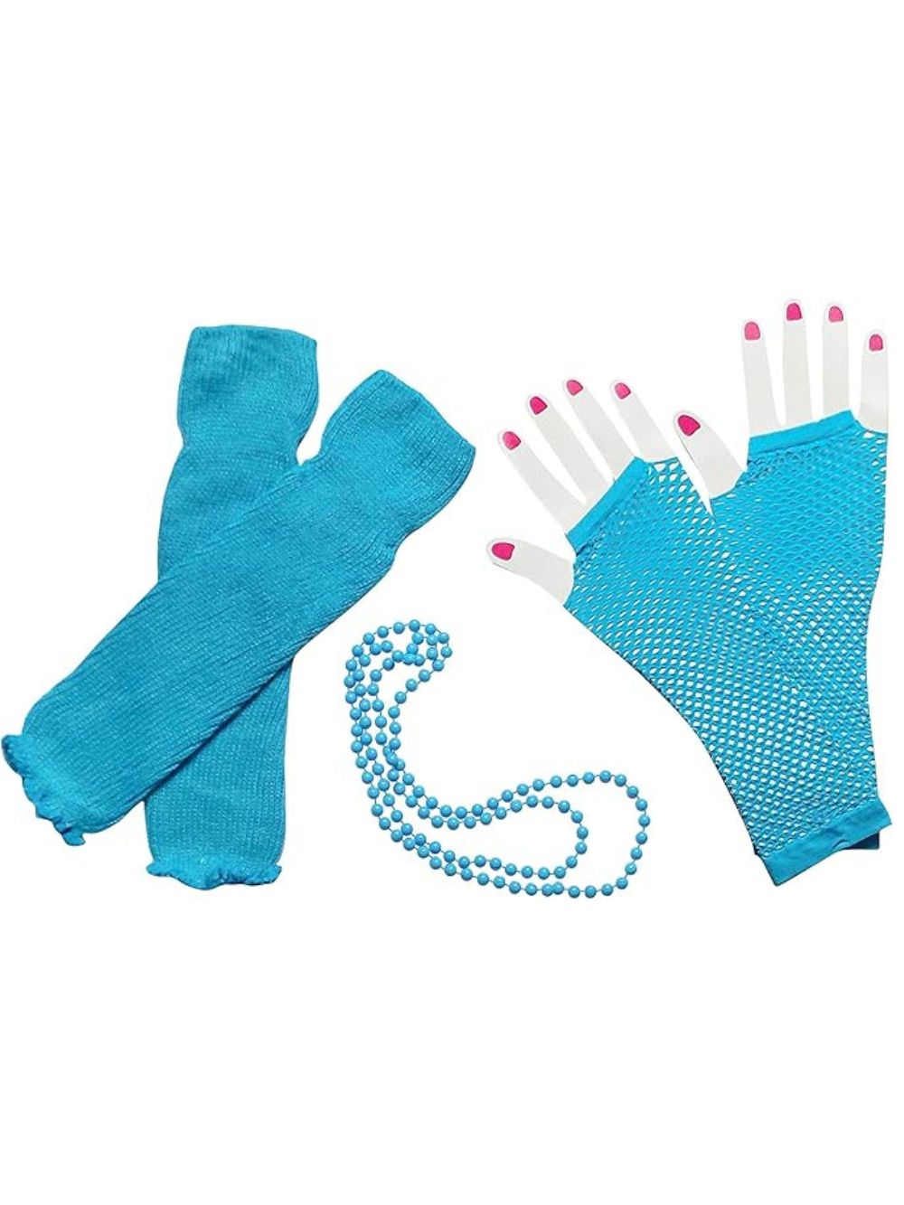 80sAccessories-Blue 80s Costume Accessories Set in Blue - Leg Warmers, Fishnet Gloves, Beads - Image 1
