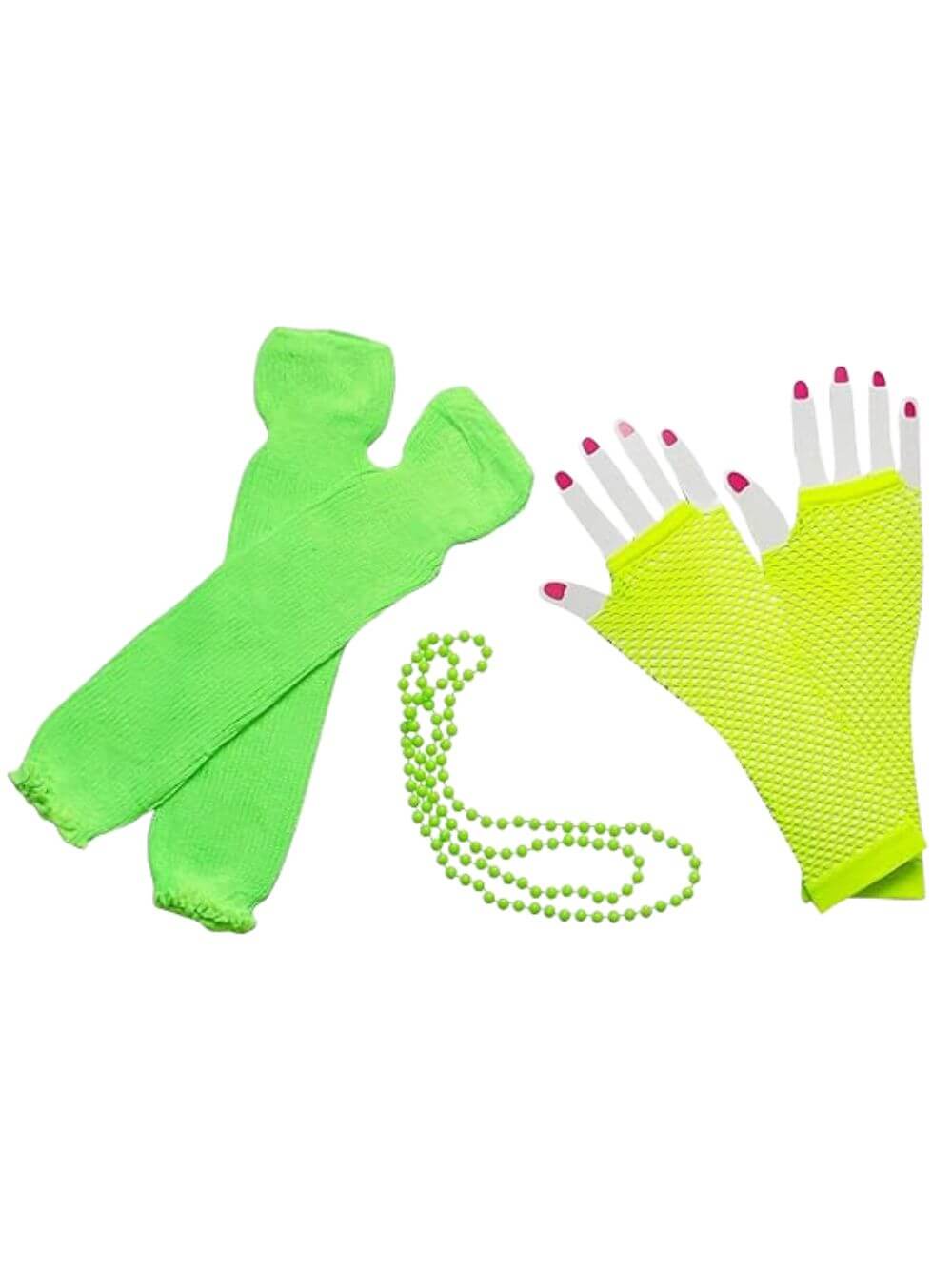 80sAccessories-Lime 80s Costume Accessories Set in Neon Green - Leg Warmers, Fishnet Gloves, Beads - Image 1