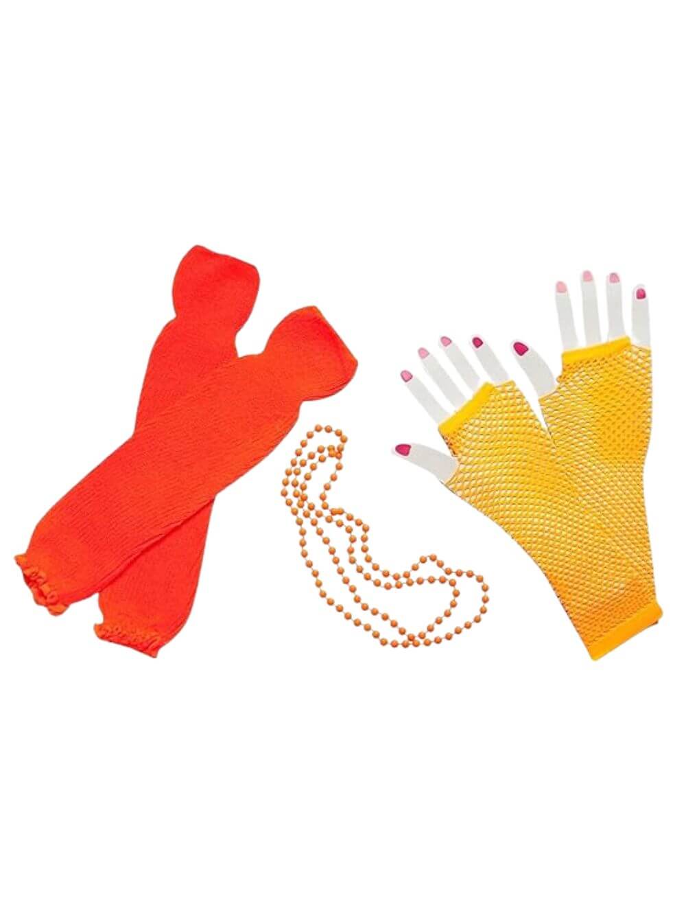 80sAccessories-Orange 80s Costume Accessories Set in Neon Orange - Leg Warmers, Fishnet Gloves, Beads - Image 1
