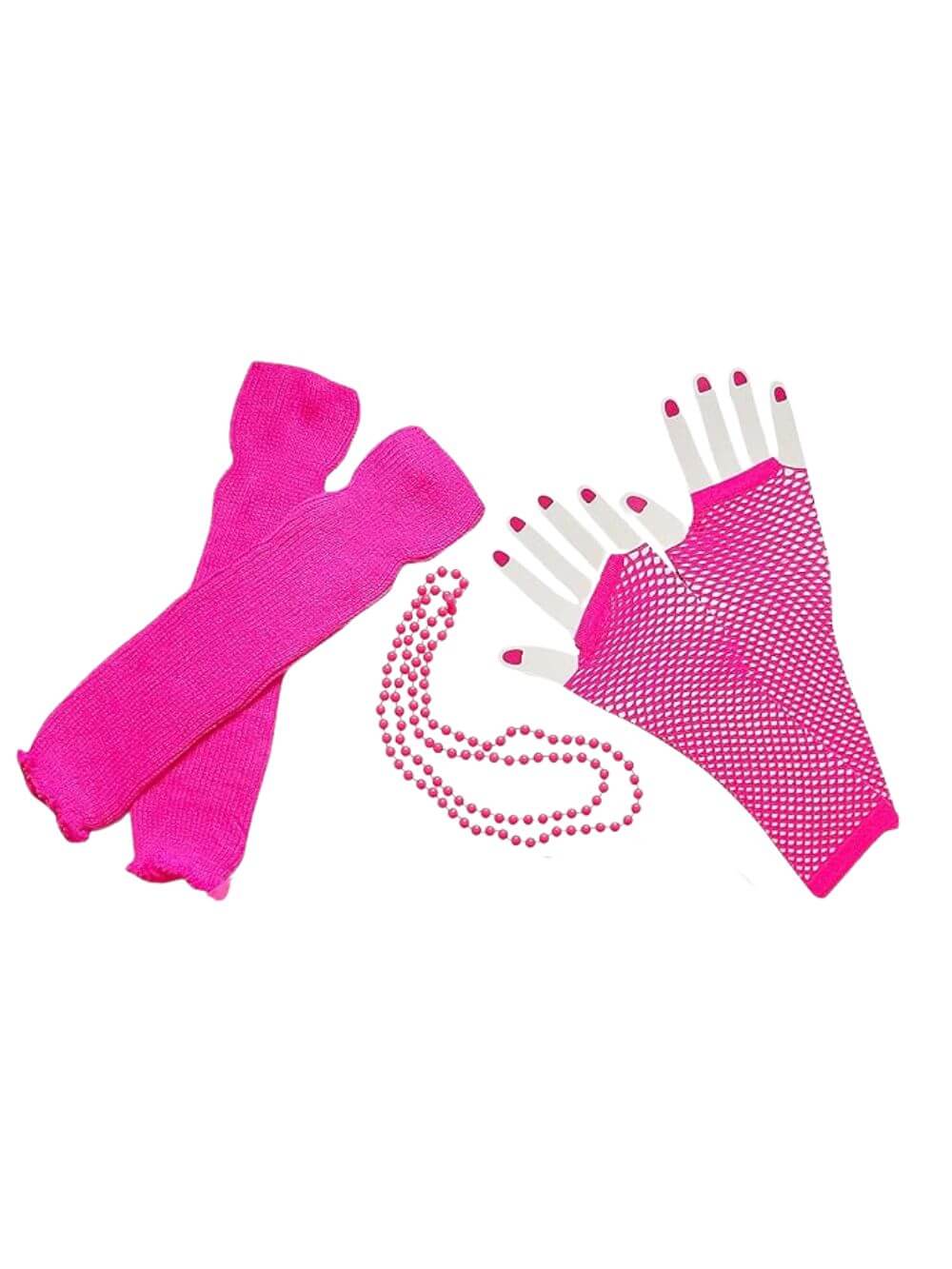 80sAccessories-Pink 80s Costume Accessories Set in Neon Pink - Leg Warmers, Fishnet Gloves, Beads - Image 1