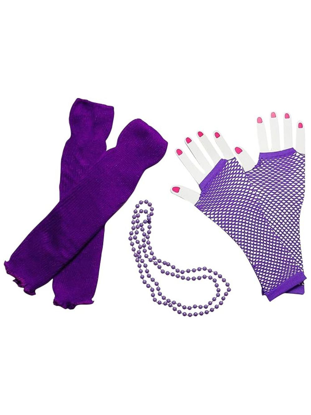 80sAccessories-Purple 80s Costume Accessories Set in Purple - Leg Warmers, Fishnet Gloves, Beads - Image 1