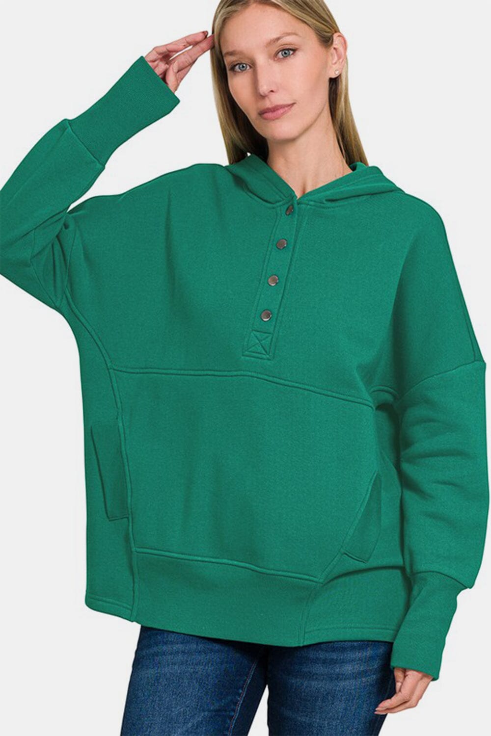 89d0ce3b-de92-4bf9-8ce7-b09ed40acd32-Max Zenana Half Snap Long Sleeve Hoodie with Kangaroo Pocket - Image 1