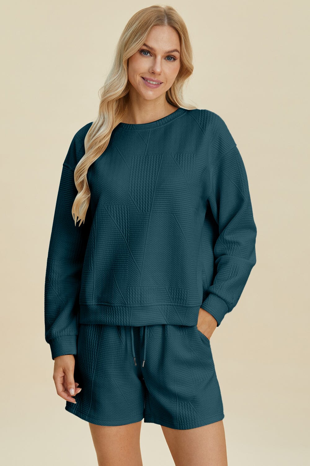 8a3df226-c3e7-41da-b54f-dbc3084de6df-Max Double Take Full Size Texture Round Neck Long Sleeve Top and Shorts Set - Image 1