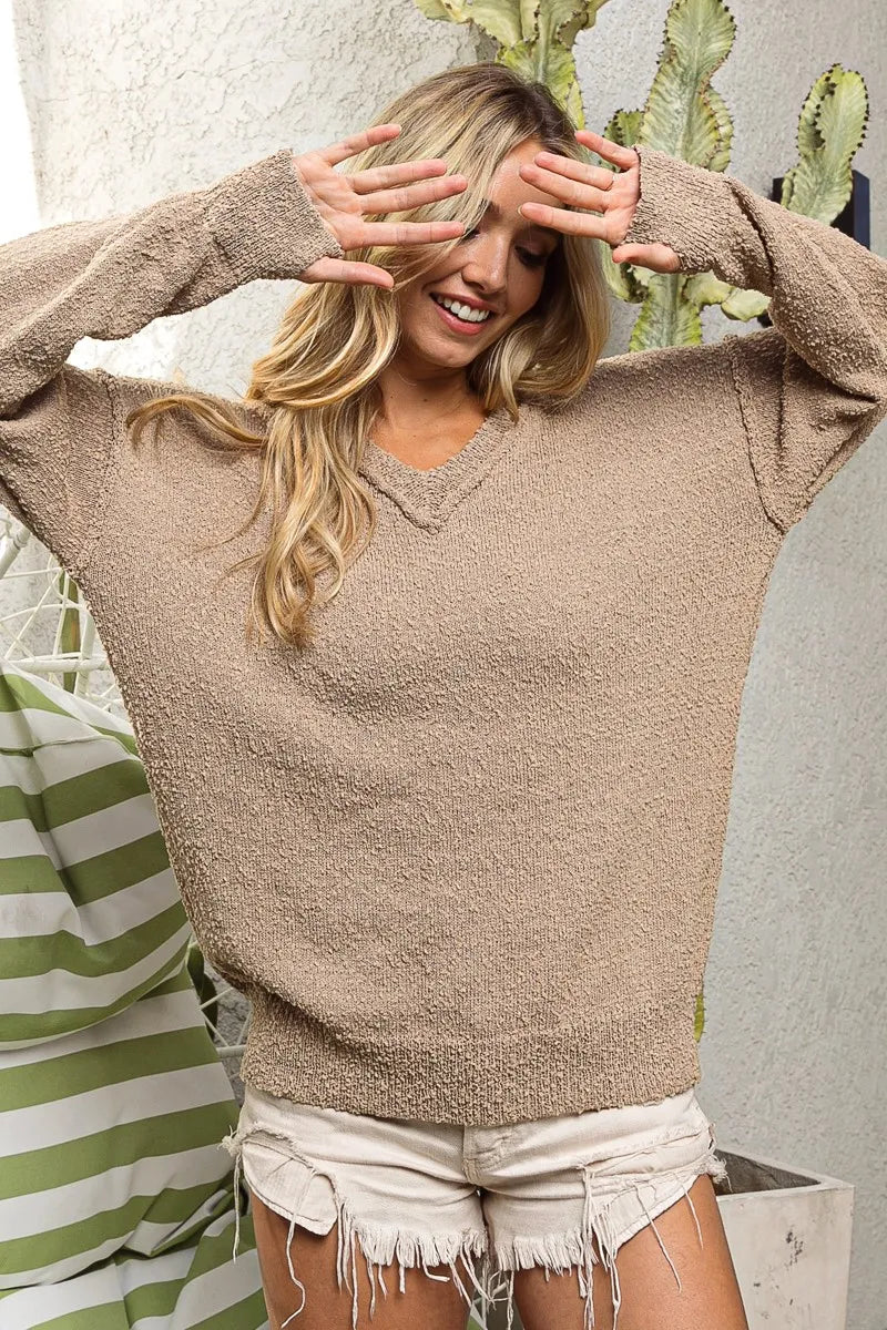 8ac624ef31184d5b9d5ef569bcf98c50-Max-Origin BiBi Raw Edged Popcorn Texture V-neck Sweater - Image 1