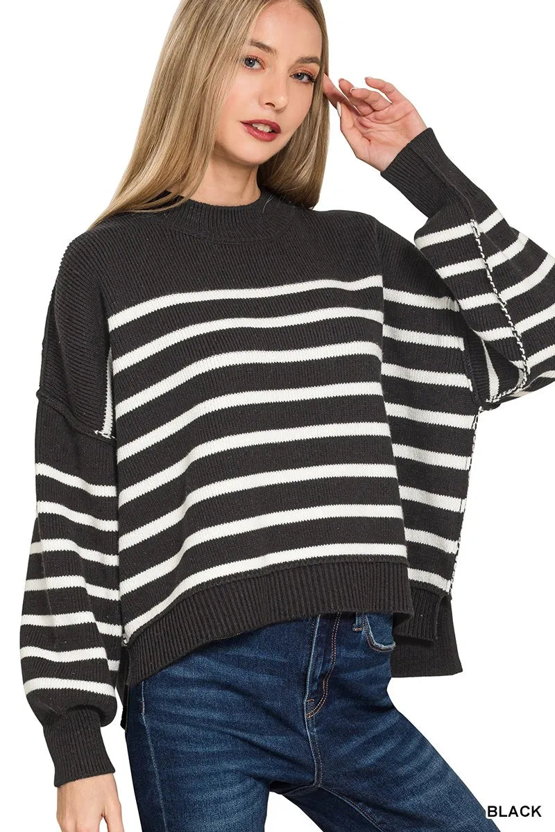91e071394e5f4e7ba5cbdb08f5e4133f-Max-Origin Zenana Exposed Seam Striped Oversized Sweater - Image 1