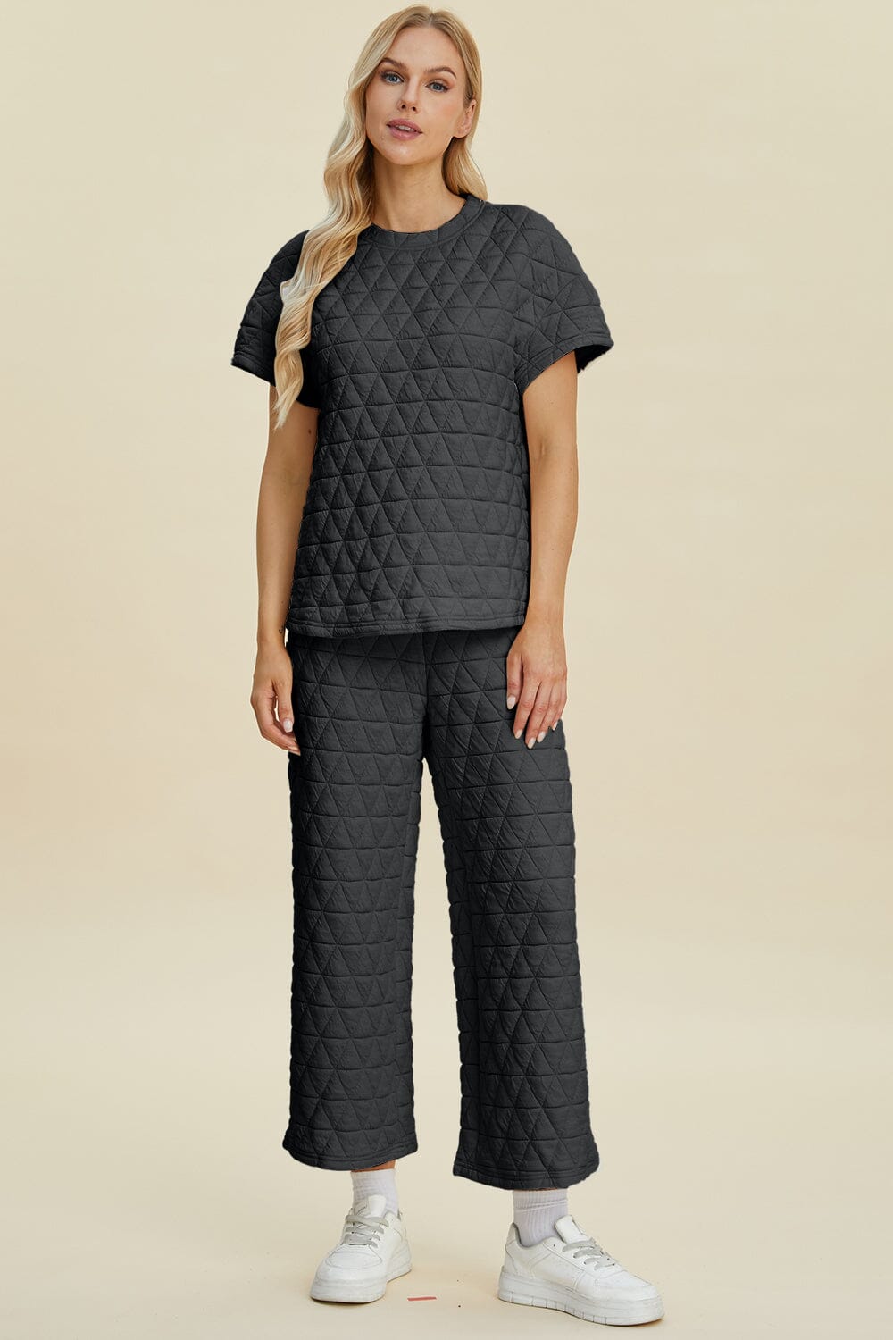 9205e6e7-d27c-4d9e-9956-e85a6b228fca-Max Double Take Full Size Texture Round Neck Short Sleeve Top and Pants Set - Image 1