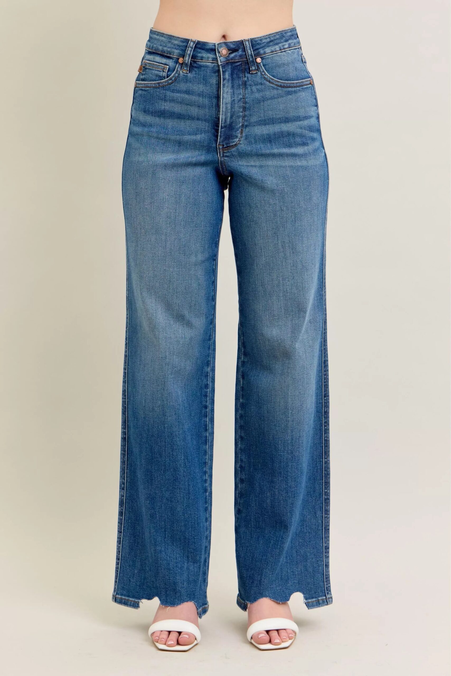 975168a187f34613a94c99878bd653ee-Max-Origin Judy Blue Full Size High Waist Tummy Control Chew Hem Destroy Wide Jeans Plus Size - Image 1