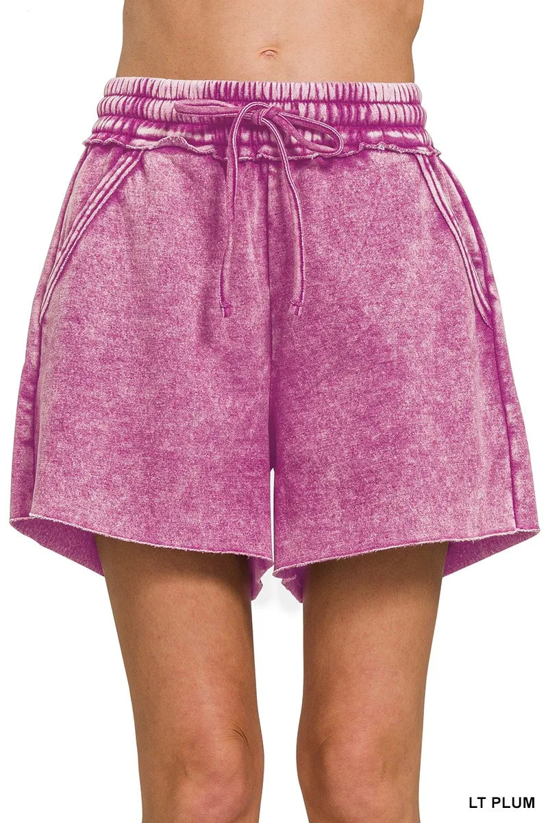 98882962f2fc4285a4b054be2dbc8b4d-Max-Origin Zenana Acid Wash Fleece Drawstring Shorts With Pockets - Image 1