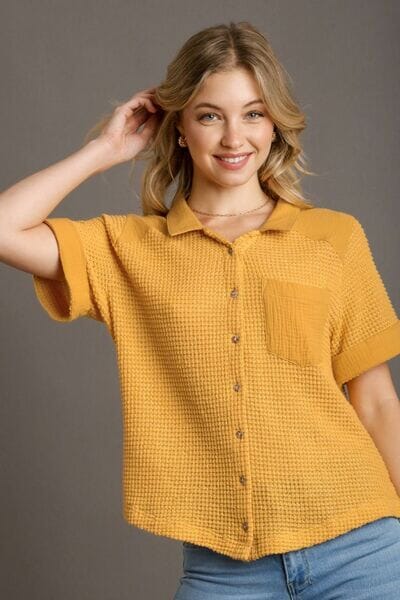 9c0baa77-684c-4858-b833-6bf7785ed705-Min Umgee Full Size Waffle-Knit Short Sleeve Button Down Shirt Plus Size - Image 1
