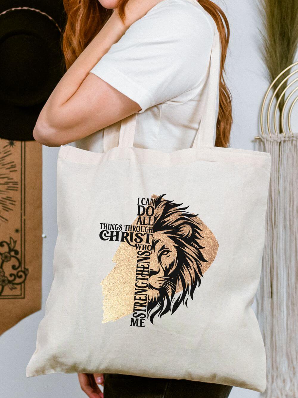 All_Things_Christ_Tote All Things Through Christ Christian Lion Cotton Canvas Tote Bag - Image 1