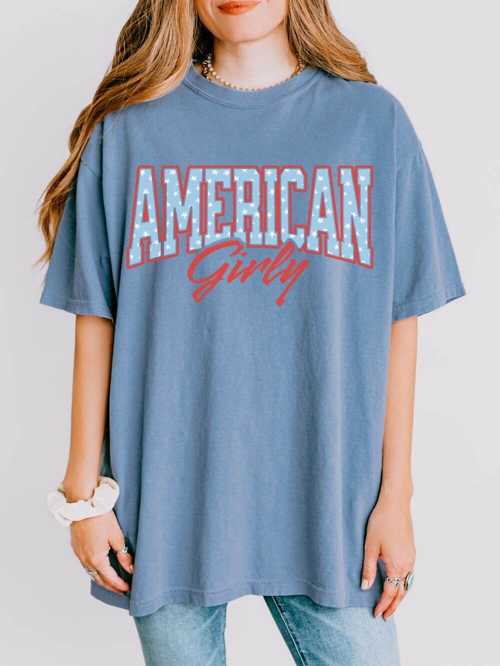 American_Girly_Blue_Jean American Girly Varsity Letters T‑Shirt 4th of July Patriotic Tee - Image 1