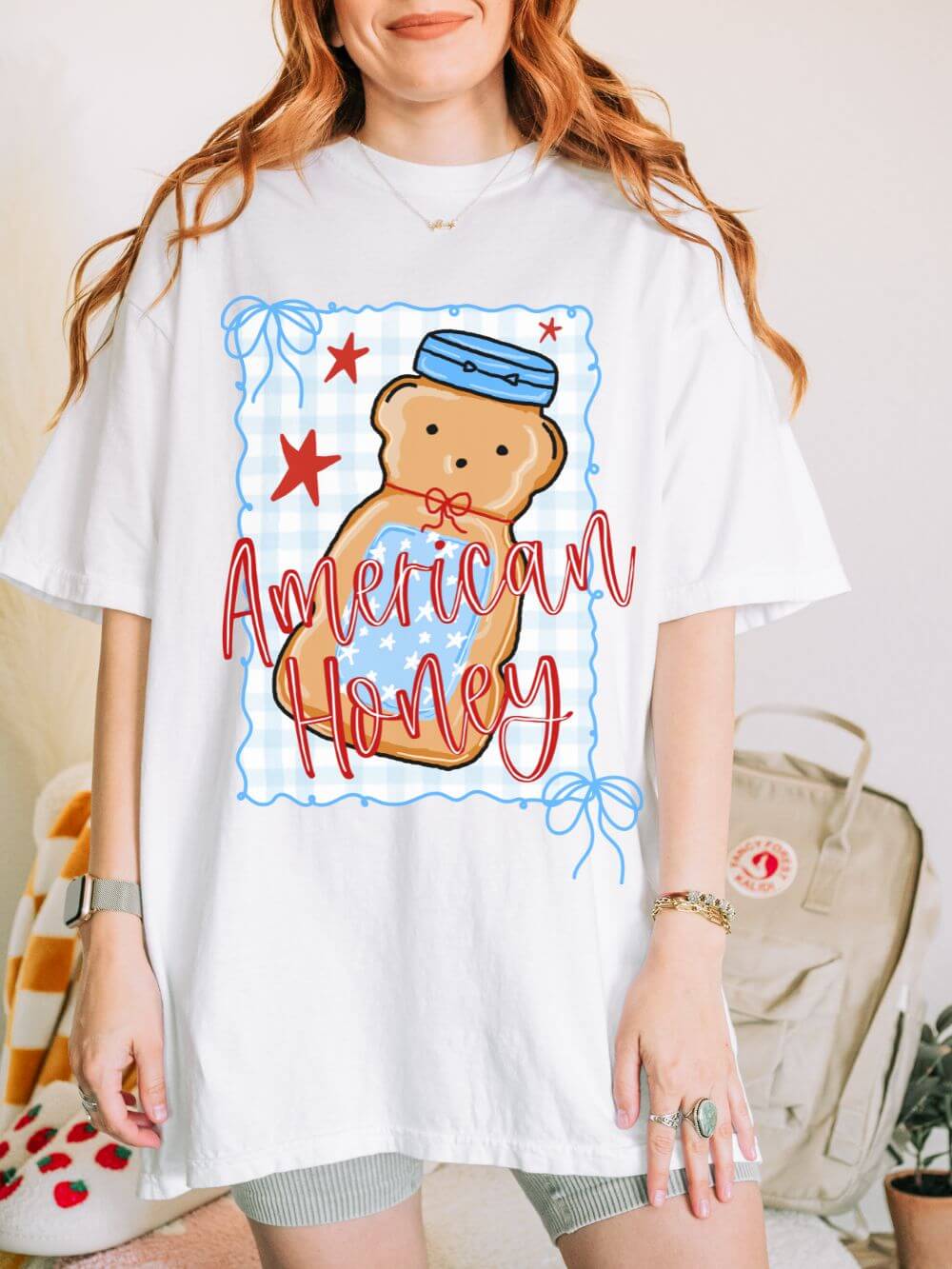 American_Honey_White American Honey Bear T-Shirt Cute Patriotic Graphic Tee - Image 1