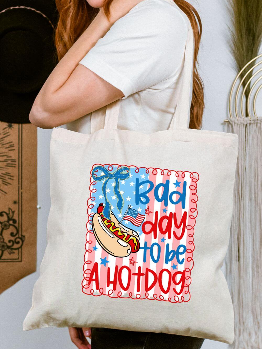 Bad_Day_to_Be_a_Hot_Dog_Tote Bad Day to Be a Hot Dog Retro 4th of July Cotton Canvas Tote Bag - Image 1