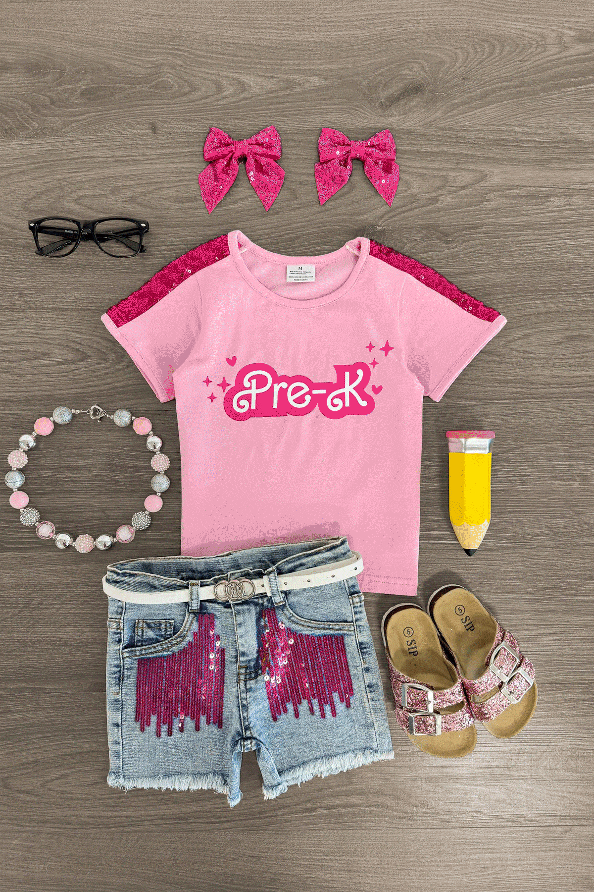 Barbie-Grade-ezgif.com-optimize "Pre-K - Sixth Grade" Pink Denim Short Set - Image 1