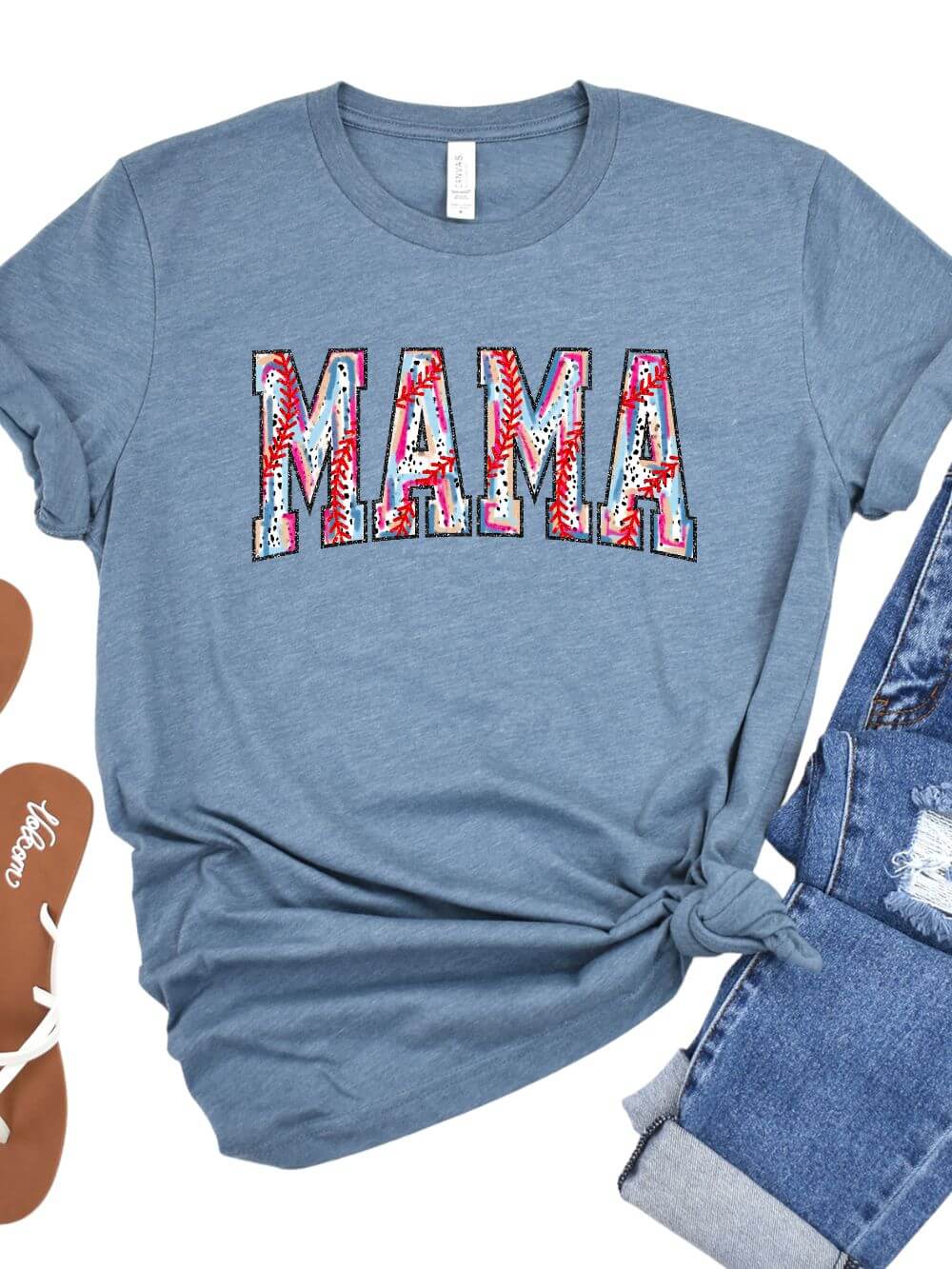 BaseballMamaHeatherSlate Baseball Mama Stitch Design Mom Graphic T-Shirt - Image 1