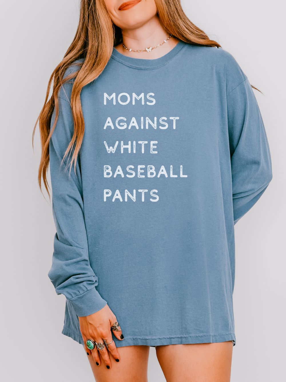 BaseballPantsBlueJean Moms Against White Baseball Pants Comfort Colors Long Sleeve T-Shirt - Image 1