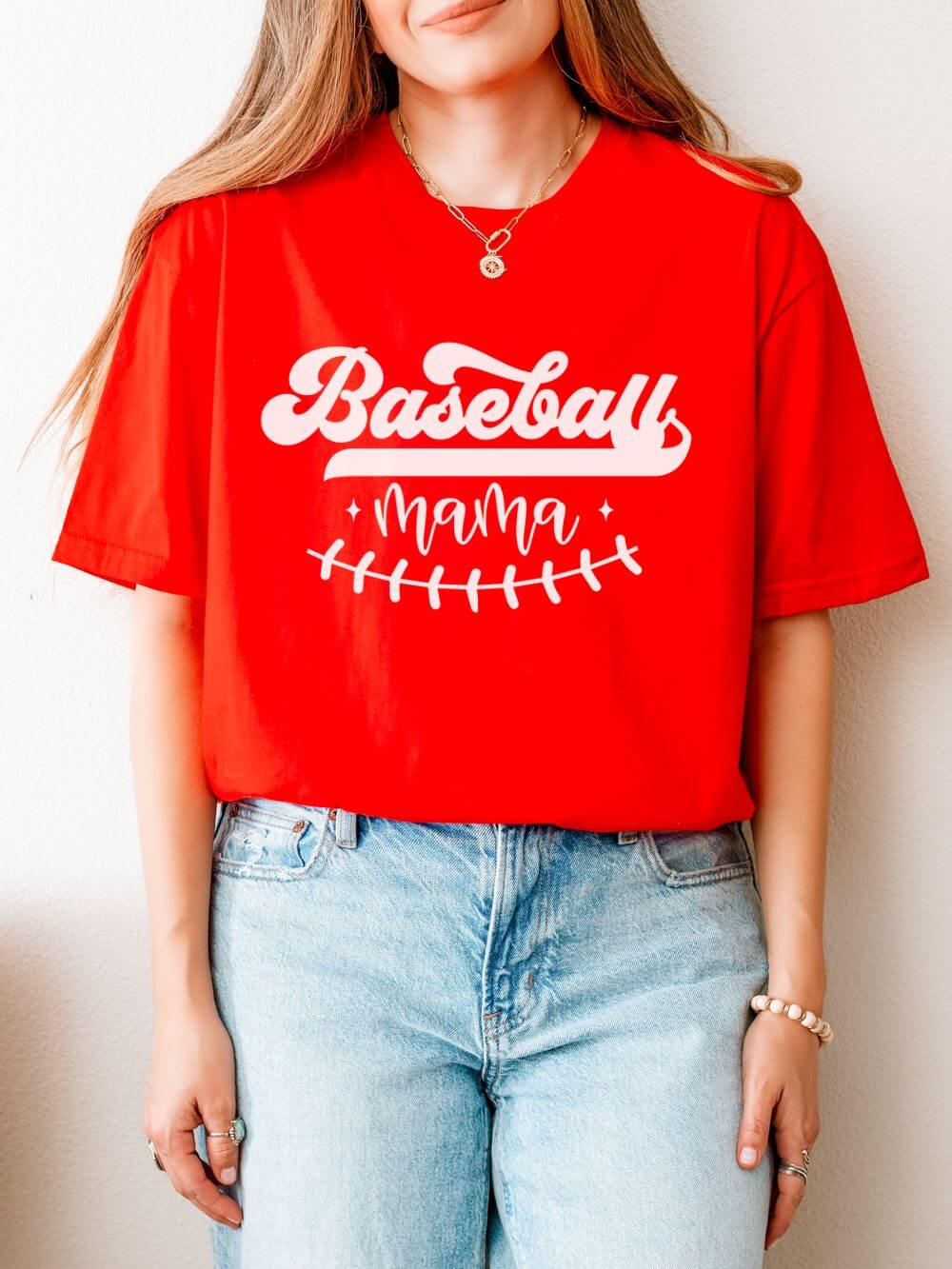 Baseball_Mama_Stitch_Red Baseball Mama Stitch Graphic T-Shirt Cute Sports Mom Tee (12 Team Colors) - Image 1
