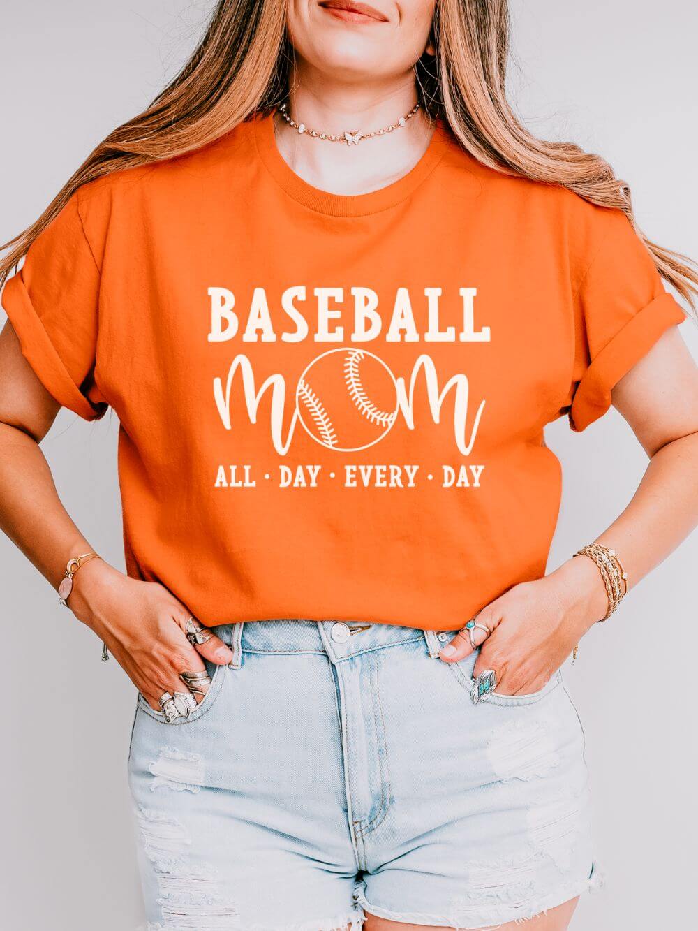 Baseball_Mom_All_Day_Orange Baseball Mom All Day Graphic T-Shirt Cute Sports Mom Tee (12 Team Colors) - Image 1