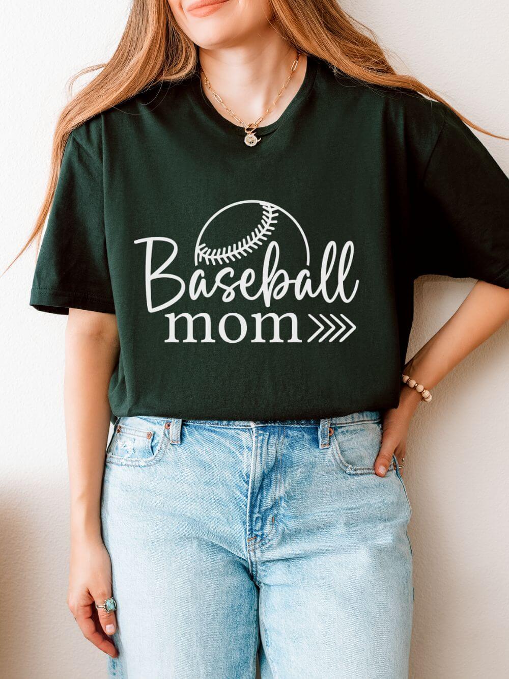 Baseball_Mom_Classic_Forest_Green Baseball Mom Classic Graphic T-Shirt Cute Sports Mom Tee (12 Team Colors) - Image 1
