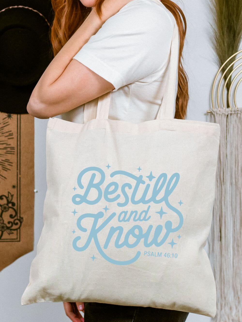 Be_Still_Know_Blue_Tote Be Still and Know Inspirational Christian Cotton Canvas Tote Bag - Image 1