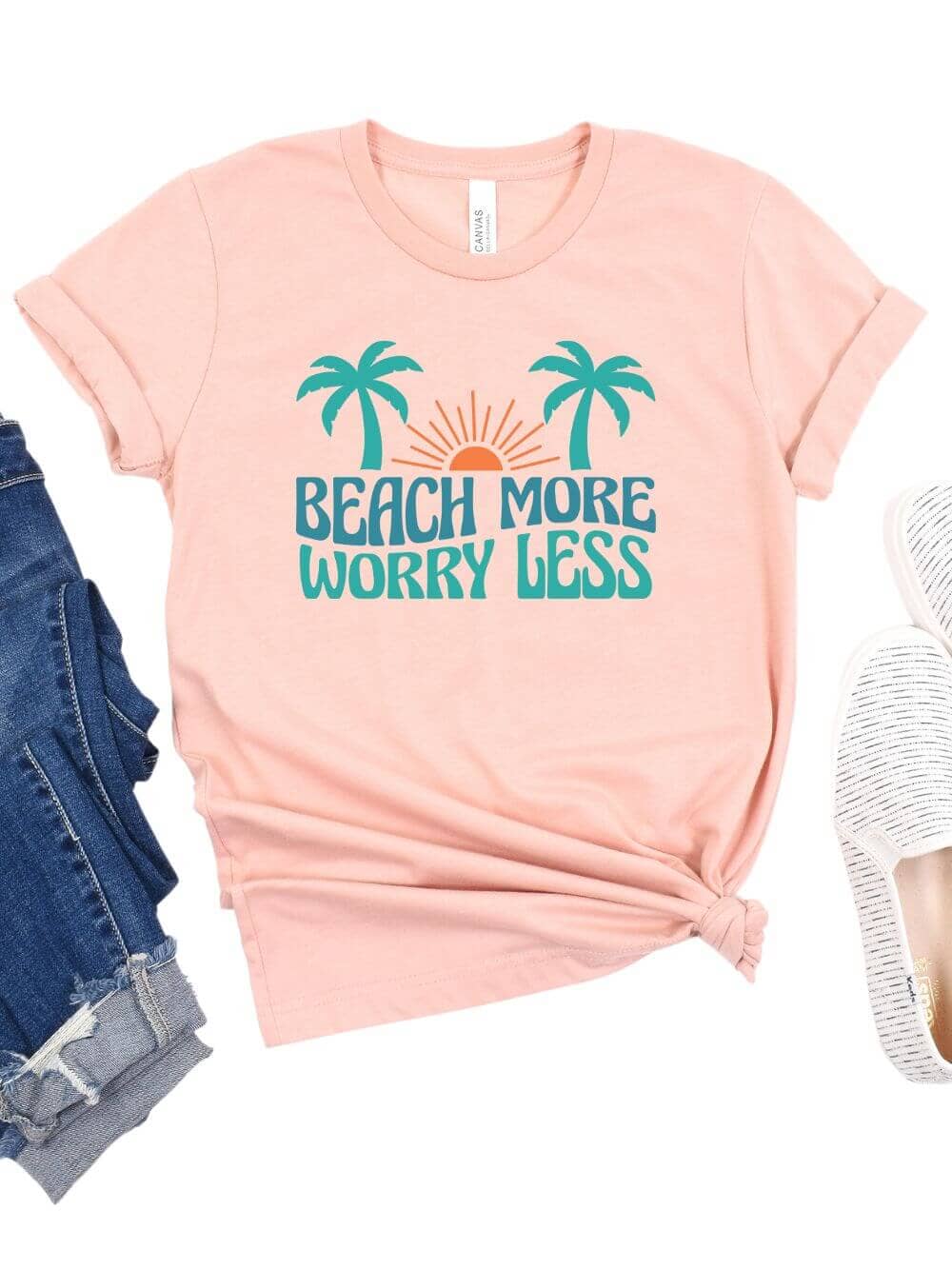 BeachMoreHeatherPeach Beach More Worry Less Women's Jersey Short Sleeve Graphic Tee - Image 1