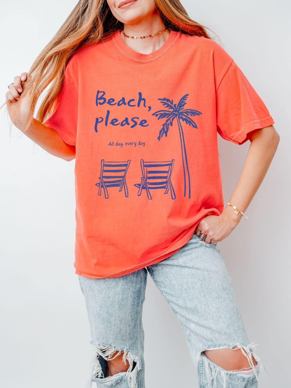 Beach_Please_Bright_Salmon Beach Please T-Shirt Palm Tree & Chairs Women's Summer Graphic Tee - Image 1