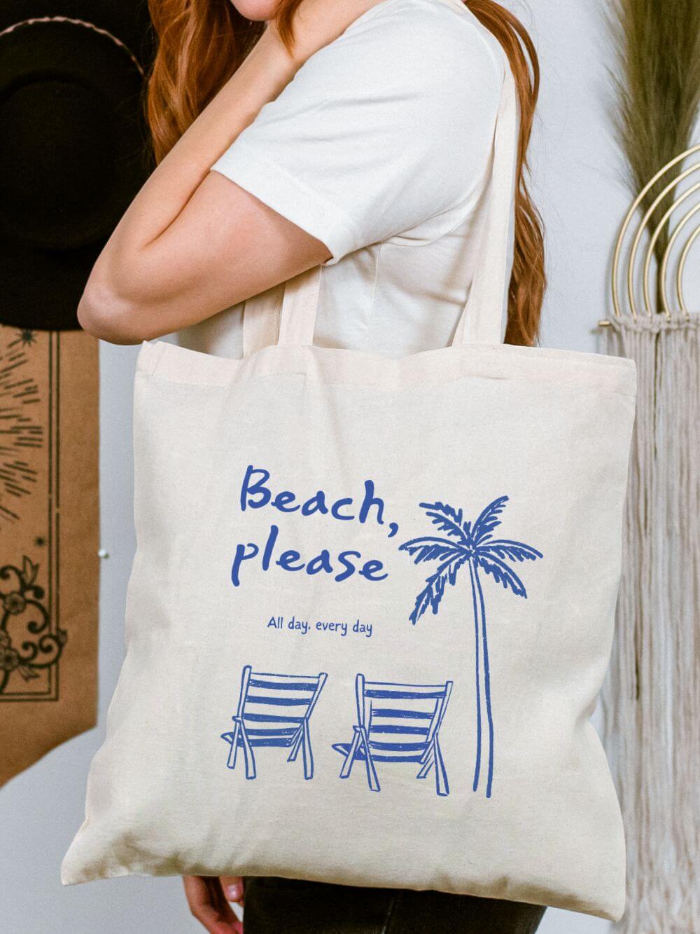 Beach_Please_Tote Beach Please Cotton Canvas Tote Bag Palm Tree & Chairs Summer Beach Bag - Image 1