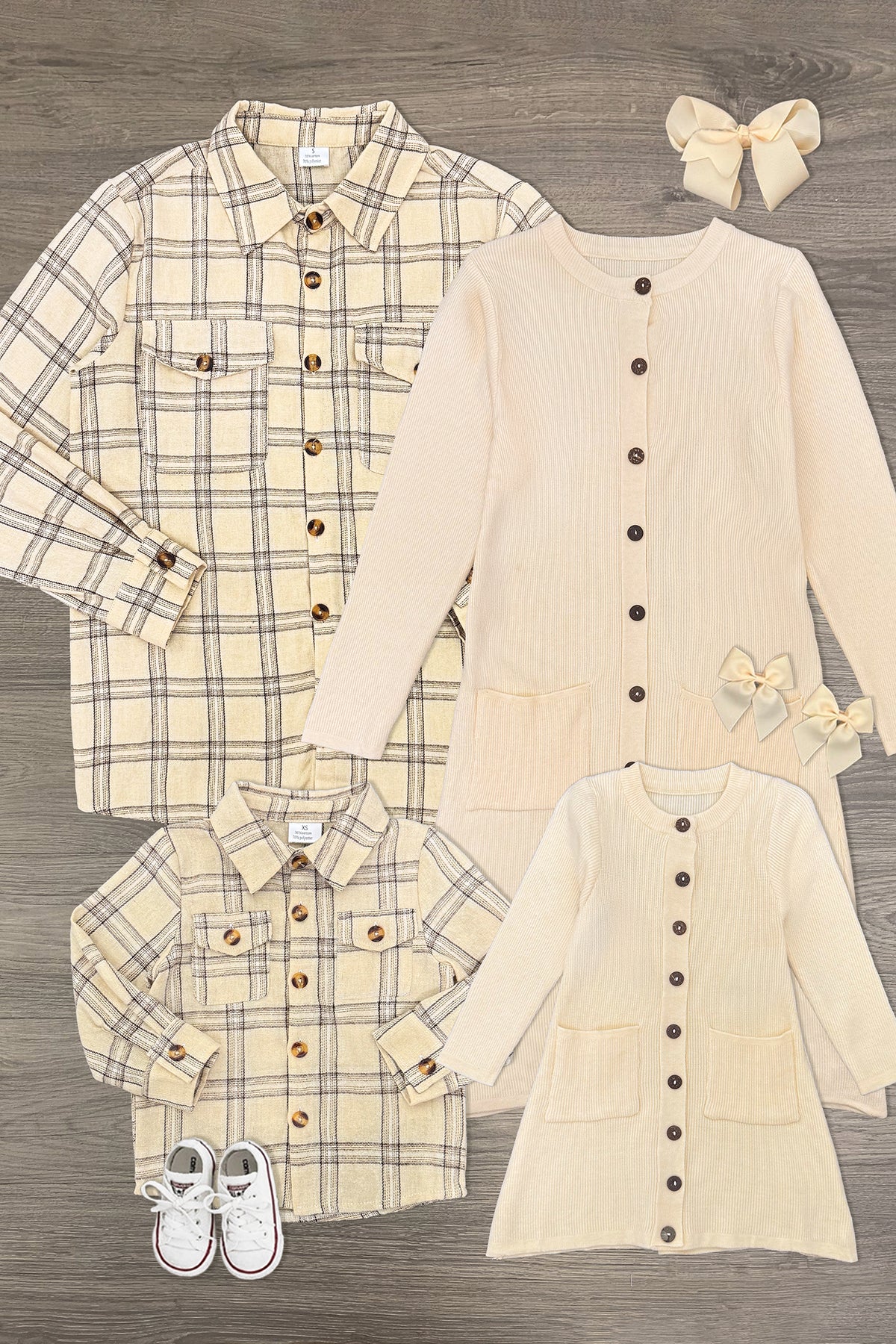 BeigeFamilySet Family Sweater Dress & Button Down Flannel - Image 1