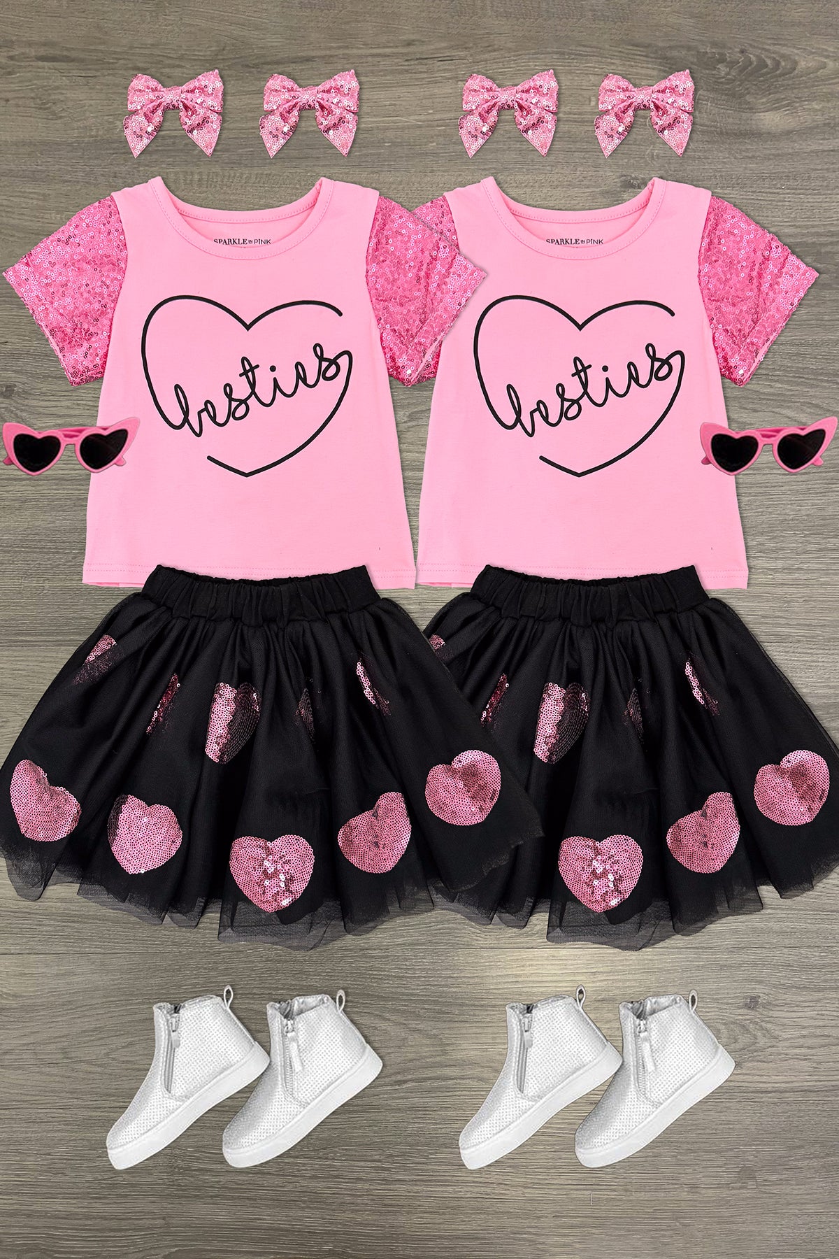 Bestiespinksequinshirtandskirt "Besties" Sequin Tutu Skirt Set - Image 1